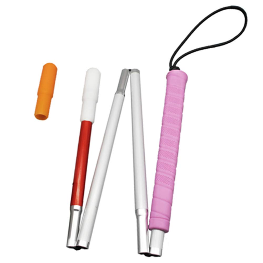 Aluminum Folding Cane for The Blind,Folds Down 4 Sections, White Cane for Children,with 2 Tips (90 cm, Pink Handle)