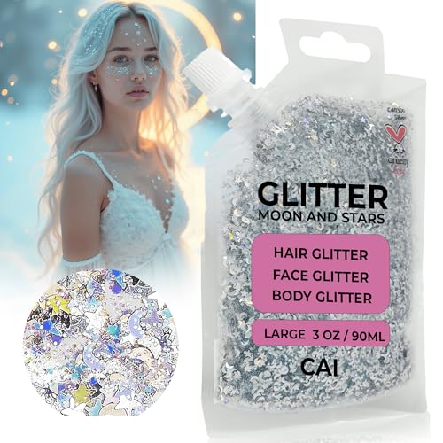 Face, Body & Hair Glitter Gel – Halloween Glitter for Kids and Women – 3 Oz Cosmetic-Grade Gel w/Moon & Stars for Festivals & Halloween Party, Easy Apply & Wash Off - Silver 1Pack