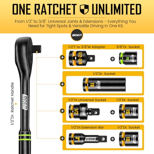 BOEN Pro 80-Piece 1/2" & 3/8" Drive Impact Socket Set, 6 Point, Professional Metric Deep & Shallow Sockets (8-32mm), Cr-Mo, Includes 1/2" Drive 90-Tooth Ratchet Handle for High-Torque Applications
