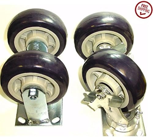 4 Heavy Duty Polyurethane Casters with 5" x 2" Wheels (2 with Brakes 2 Rigid)