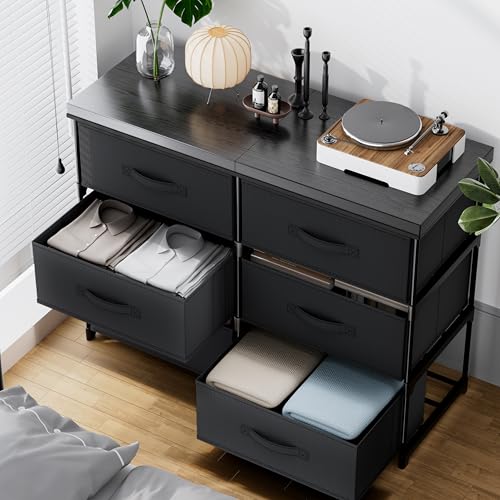 PPN Dresser with 6 Fabric Drawer Stand Desktop Sturdy Metal Plastic Support Tube Cube Storage Cabinet for Living Room, Bedroom Organization Dorm Front Hall Entryway Black