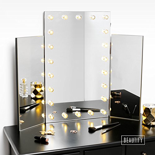 Beautify Large Trifold Hollywood Lighted Makeup Dressing Table Vanity Mirror with 22 LED Lights - Warm Subtle Natural Lighting