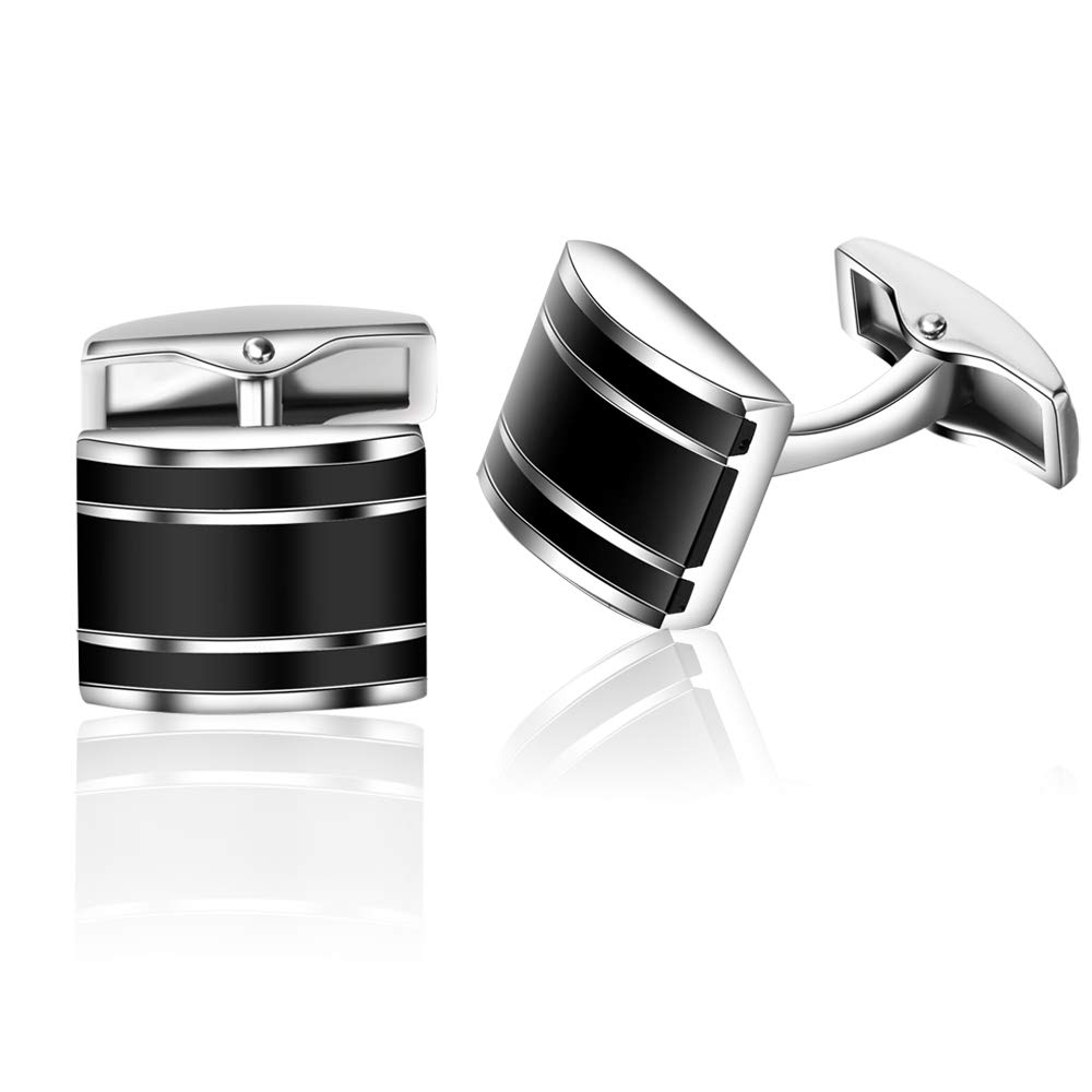 HONEY BEAR Stripe Cufflinks for Men's Shirts Accessories - Rectangle for Business Wedding Black with Silver