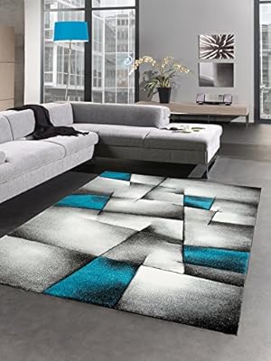 Carpetia Moderner Teppich Kurzflor Wohnzimmerteppich Konturenschnitt Karo Abstrakt Grau Schwarz Weiss Turkis Grosse 80x150 Cm Amazon De Kuche Haushalt