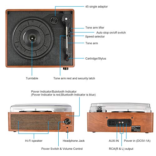 Bluetooth Record Player Belt-Driven 3-Speed Turntable, Vintage Vinyl Record Players Built-in Stereo Speakers, with Headphone Jack/ Aux Input/ RCA Line Out, Wooden - Thumbnail 5