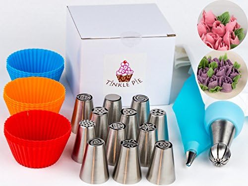 Russian Piping Tips 29pcs Set - incl 14 piping nozzle tips, 12 silicone cupcake liner, Coupler, 2 Reusable pastry bag.