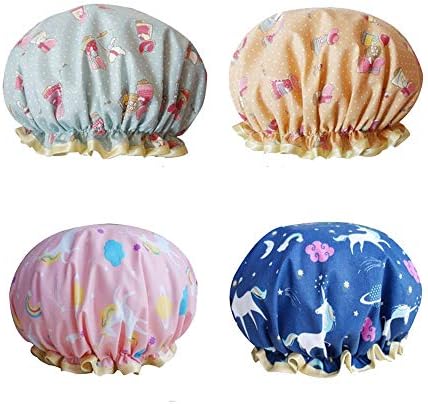 Shower Cap Bath Caps Hat Designed for Women & Girls Waterproof caps Reusable Double Layer Bath accessories (4 Pack)