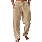 Runcati Mens Casual Pants Elastic Waist Drawstring Lightweight Pants Cotton Linen Summer Beach Yoga Trousers
