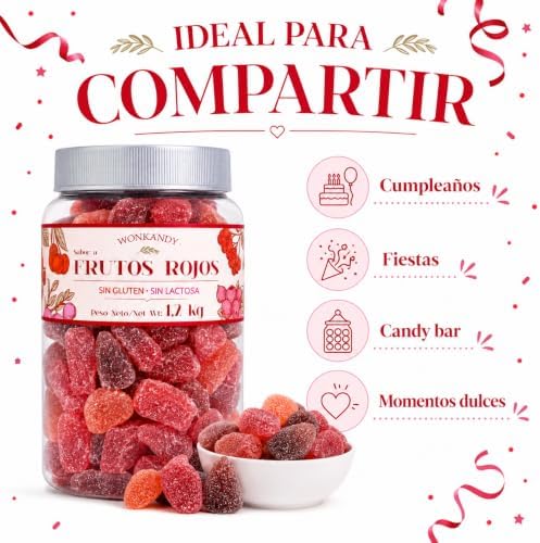 Gominolas Frutos Rojos 1,2 kg Bote Grande. Surtido de Caramelos de Goma Fresa Uva Cereza, Chuches Blandas Sin Gluten y Sin Lactosa, Ideal para Fiestas Cumpleaños Candy Bar.