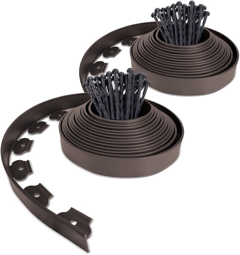 VOUNOT Lawn Edging 20m with 60 Pegs Brown 4mm Thick Flexible Border Kit
