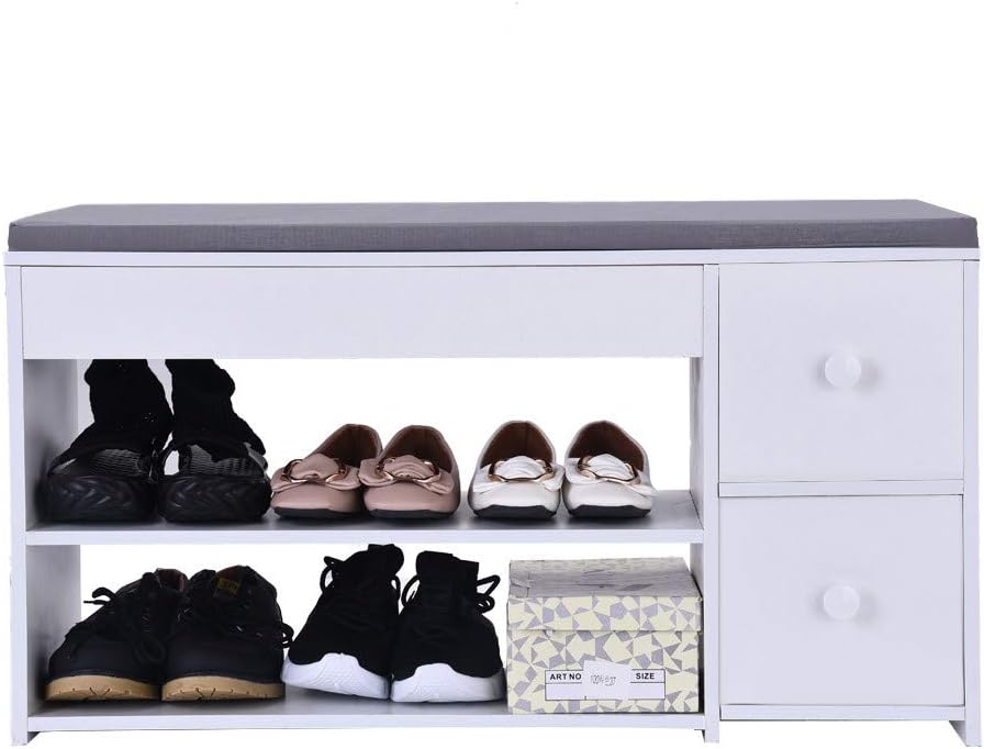 Sanmomo 2-Tier Shoes Bench Entryway Storage Shoe Rack Storage Stool with Two Drawers