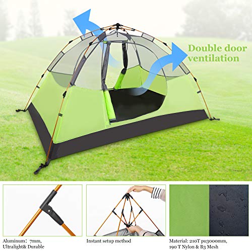 Tolaccea 2 Person Instant Camping Tent Portable Automatic Beach Tent Windproof & Rainproof Lightweight Aluminum Professional Tents for Outdoor Garden Camping Fishing Picnic Hiking Green