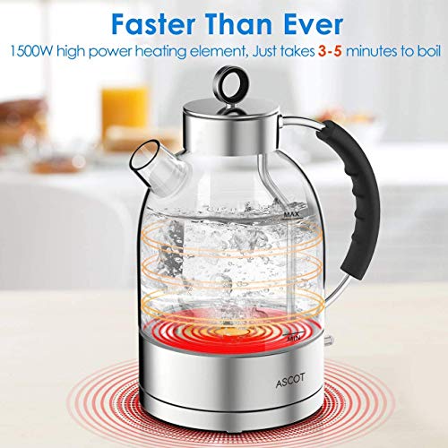 Electric Kettle, ASCOT Electric Tea Kettle 1.7QT, 1500W Glass Electric
