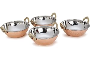 AVS Stores ® Set of 4, Indian Copper Serveware Karahi Vegetable Dinner Bowl with Solid Brass Handle for Indian Food, Diameter