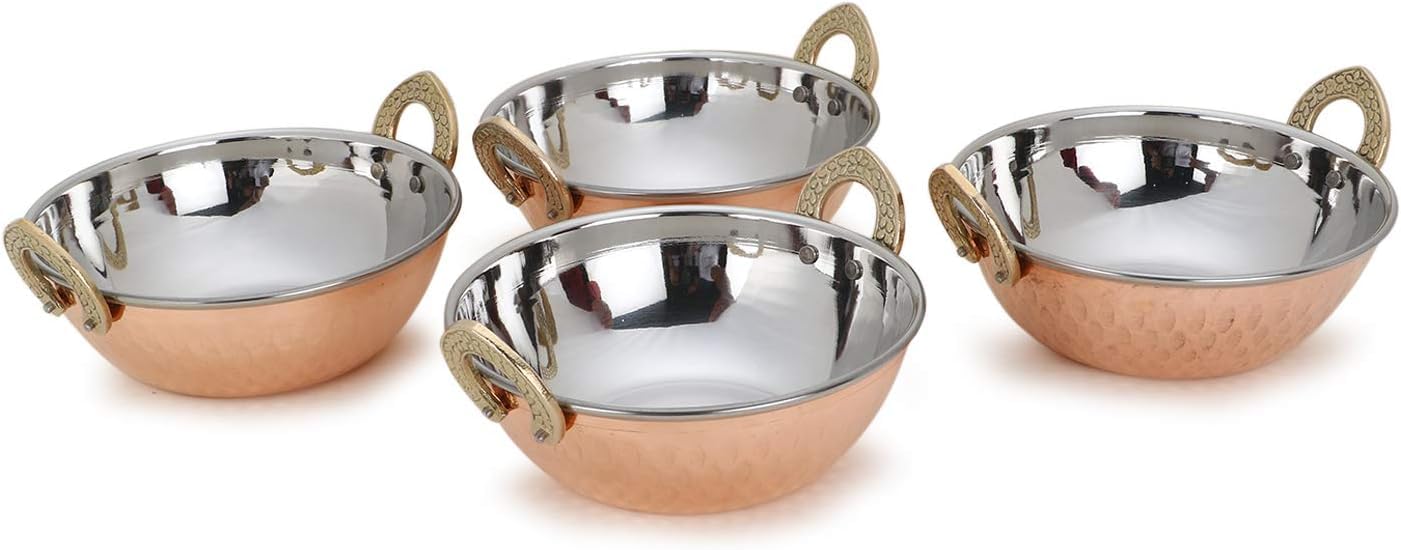 AVS STORES ® Set of 4, Indian Copper Serveware Karahi Vegetable Dinner Bowl with Solid Brass Handle for Indian Food, Diameter- 15 cm (6 Inches), Gold