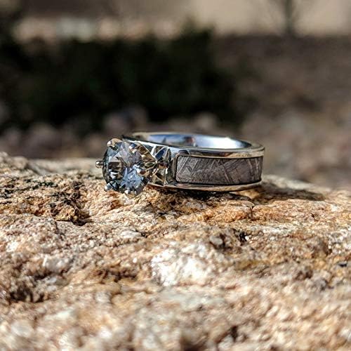 Authentic 6mm Wide Meteorite Engagement Ring with stunning Aquamarine Round Center -COB-6F14G1Prin-Meteorite-Aquamarine