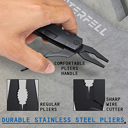 Multitool Knife by Winterfell - Multipurpose Folding Pocket Knife Kit - Durable Stainless Steel - Includes 9-in-1 Bit Set, Pouch, Bottle Opener, Plier, Saw Blade - Outdoor Survival Multi Tool (Black)