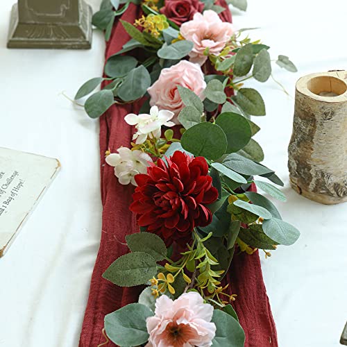 6.5FT Artificial Flower Garland Anna's Whimsy Eucalyptus Garland with Flowers, Roses Dahlia Garlands for Wedding Party Rehearsal Dinner Bridal Shower Table Centerpieces Decoration (Dusty Cream)