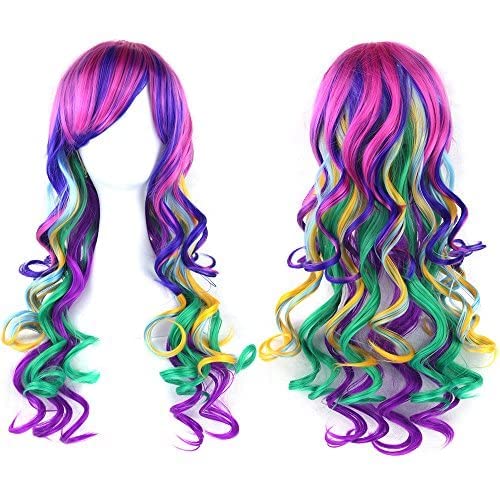 IMISSU 26'' Long Curly Natural Hair Cosplay Wig with Bangs Colorful Halloween Costume Party Wigs for Women (Pink Yellow Purple)