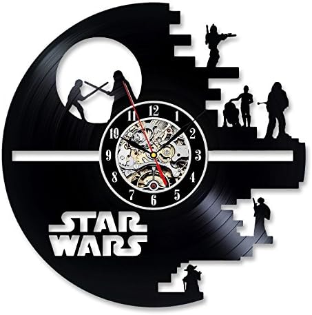 Star Wars Vinyl Record Wall Clock Record Home Art Decor Gift Design of Black Death Star and Characters Darth Vader Luke Skywalker Princess Leia and Yoda
