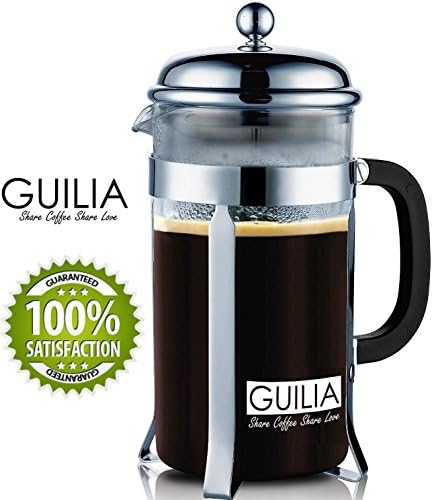Classic French Coffee Press &amp; Tea Maker 34OZ/8cup, 2 BONUS Replacement Filters, DOUBLE Stainless Steel Filter and Plunger from GUILIA (Chrome)