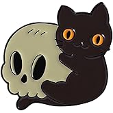 Gothic Skeleton Head And Black Cat Brooch Lapel Pin for Women Men Enamel Rock Skull Halloween Horror Clothing Pins Badge for Backpack Hat Jacket Jean Shirt Decorations Fashion Holiday Party Jewelry