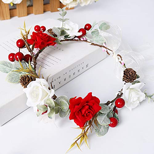 Adjustable Boho red berry Flower Crown Hair Wreath Floral Garland Headband Halo Headpiece with Ribbon Wedding Festival Party