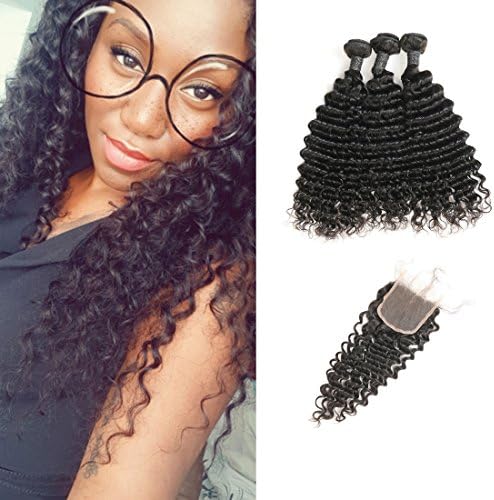 9A Brazilian Unprocessed Deep Wave Human Virgin Hair 3 Bundles with Closure Extensions Curly Weaves Natural Black color Remy Human Hair(16 18 20+14)