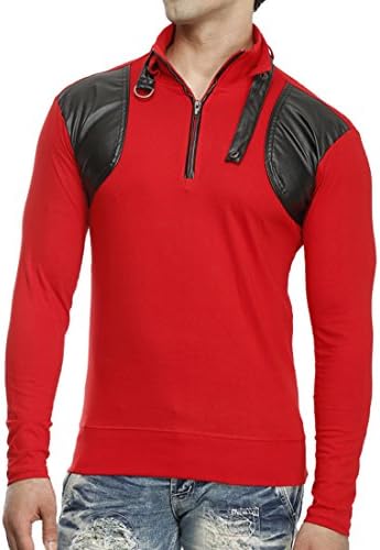 Tees Collection Men's Leather Flap Dragon Neck Red Color Full Sleeve T-shirt