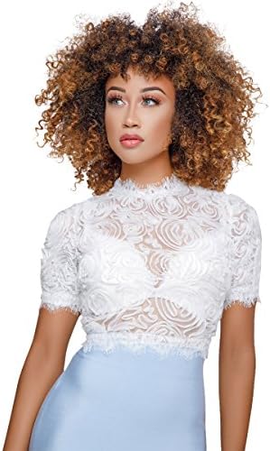 Felicity Young Women Sexy Short Sleeve Sheer See Through Mesh Lace Crop Top Floral Crochet Mock Neck Tunic Blouse Shirt White, X-Large