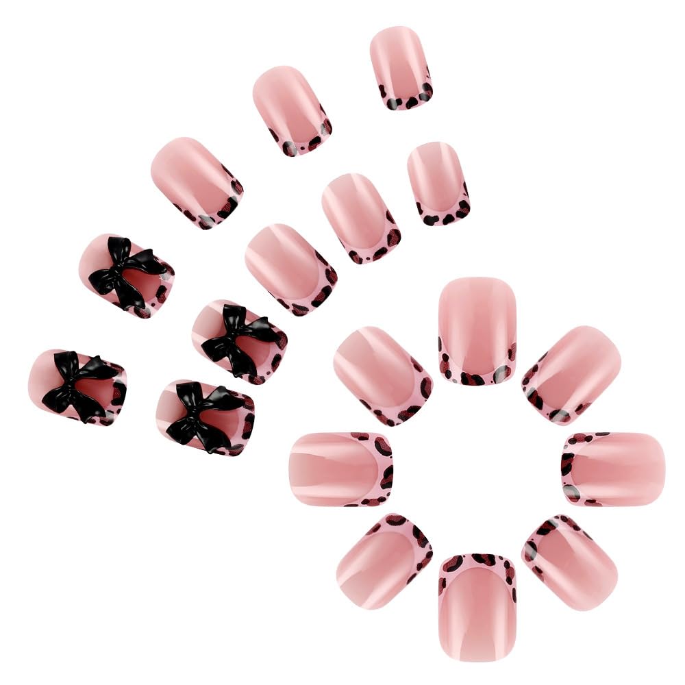 24 Pcs French Pink Press on Nails Short Square 3D Bow Texture Design - YIHONGYAN Spring Acrylic Nail Art Kit Fake Nails Press ons Nail Tips Full Cover Leopard Print False Nails for Women Manicure - Image 5