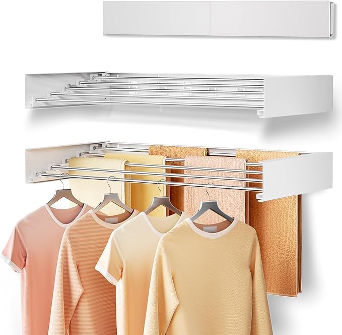 Wall Mounted Drying Rack, Laundry Clothes Drying Racks Foldable, Collapsible Drying Rack Clothing Wall Mount, Wall Template for Indoor Outdoor Hanging Clothes, 5 Rods, 31.5 Inch
