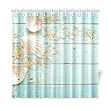 INTERESTPRINT Seashell Home Decor, Sand Starfish Blue Wooden Back Polyester Fabric Shower Curtain Bathroom Sets 72 X 72 Inches