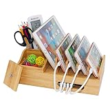 Bamboo Charging Station for Multiple Devices Docking Stand Storage Box Desktop Holder Organizer (Hub, Cables Not Included)