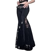 xxxiticat Women's Lace Flared Legging Pants Gothic High Waist Hollow Out See Through Patchwork Mesh Bell-Bottom Trousers
