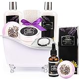 Aromatherapy Ylang Ylang & Lavender Spa Gift Basket! Luxurious Natural Bath and Body Spa Kit. Large Bubble Bath Basket with Lava Stone Bracelet! Bath Gift Set - Perfect Gift for Mother, Wife,Friend