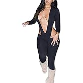 YOUFE Womens Sexy Jumpsuit Solid Color Deep V Neck Long Sleeve Romper Y2K Stretchy Bodycon Hollow Out Party Club Outfit