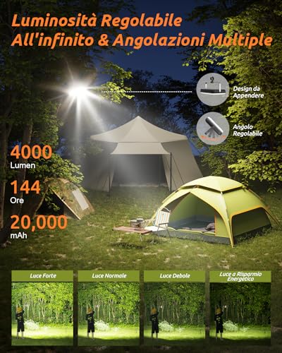 Eventek LED Camping Lamp 4000LM, 20000mAh Portable Power Bank Up to 144 Hours, 4 Light Modes IPX5 Waterproof Rechargeable Camping Lamp for Tent, Emergency