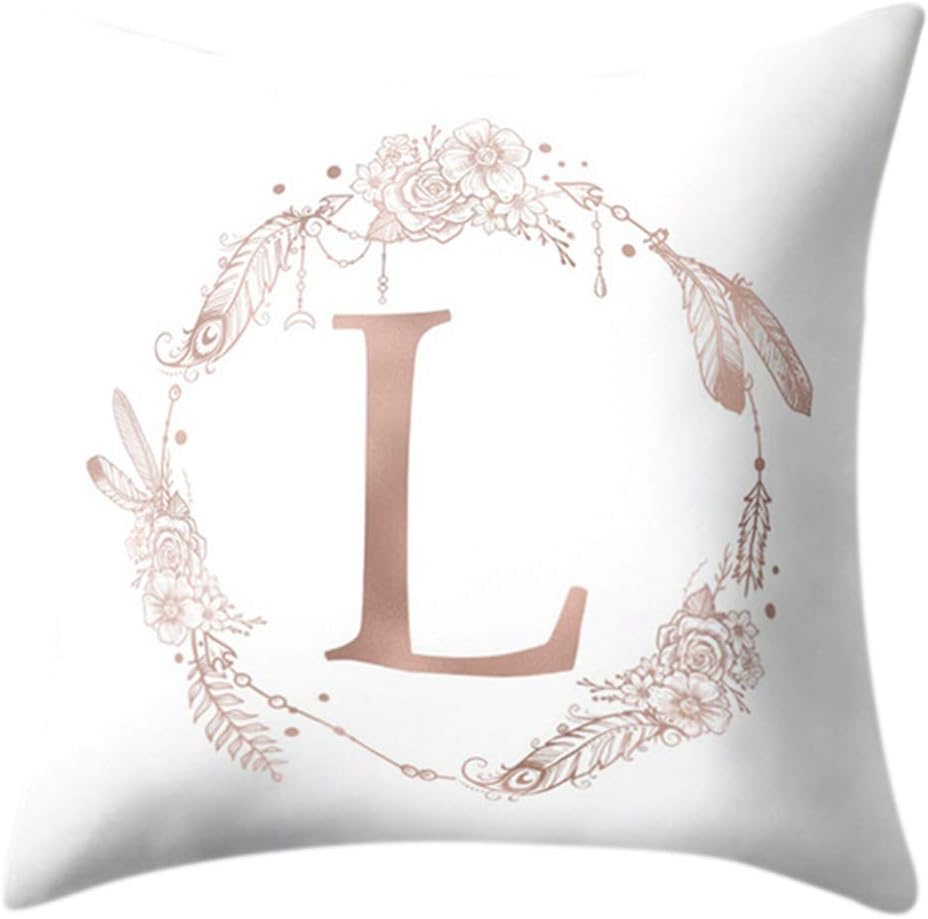 JERKKY 45x45cm Square Throw Pillow Case Rose Gold Alphabet Letter Wreath Feather Printed Cushion Cover Polyester Peach Velvet Kids Bedroom Decorative L#