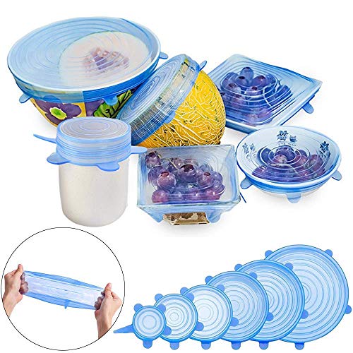 GESCHOK Silicone Stretch Lids Storage Covers 6-Pack Eco-Friendly Reusable Heat Resistant Expandable To Fit Various Sizes and Shapes Of Containers Microwave and Dishwasher Safe