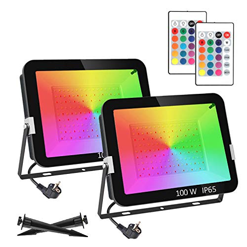 T-SUNUS RGB LED Strahler 100W, RGB Strahler Outdoor RGB LED Fluter IP65 Wasserdicht LED Strahler Außen RGB mit Fernbedienung 16 Farben und 4 Modi für Party Garten Festival Deko Weihnachten