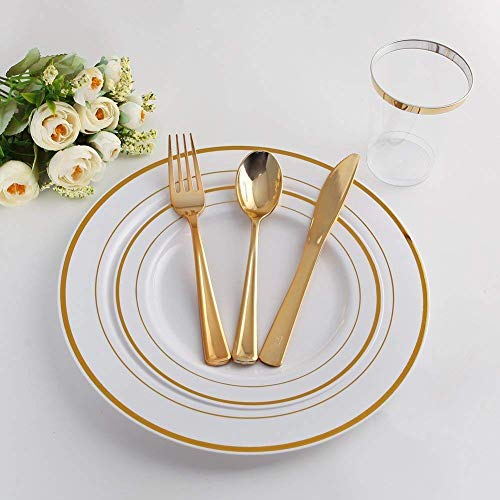 BLACK SWAN 150 pcs Gold Rim Plates & Plastic Silverware & Gold Rim Cups, Disposable Dinnerware/Cutlery/Party Tableware for 25 Guest includes: 25 Dinner Plates, 25 Dessert Plates, 25 Tumblers, 25 Forks