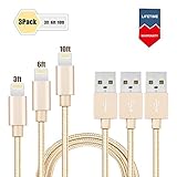 iPhone Cable 3 Pack (3ft 6ft 10ft) Elktry Fast Charging Data Sync Cord Wire 8 Pin Nylon Braided Lightning to USB Cable for iPhone SE 6 6s 6Plus 7 7Plus 5s 5c 5 iPad iPod (Fashionable Gold)