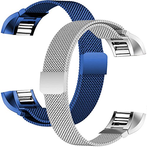 For Fitbit Charge 2 Bands, Humenn Stainless Steel Milanese Loop Metal Replacement Accessories Bracelet Strap with Unique Magnet Lock,Silver and Blue Large