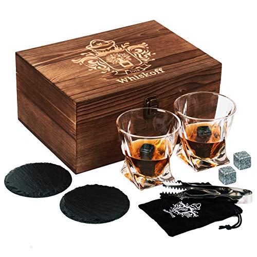 Whiskey Glass Set of 2 - Irish Bourbon Whiskey Stones - Twist Scotch Rocks Tongs & Chilling Stones - Tumblers Whisky Drinking Glasses for Fathers Day, Birthday - Man Bar Glassware in Gift Box Kit