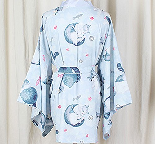 Plaid&Plain Women's Japanese Traditinal Haori Kawaii Cat Loose Blue Short Kimono - Image 3