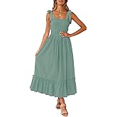 ZESICA Women's 2026 Summer Boho Spaghetti Strap Square Neck Solid Color Ruffle A Line Beach Long Maxi Dress