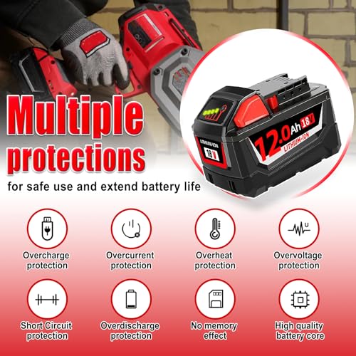 2PC 18V 12.0Ah Replacement for Milwaukee Battery, Compatible with Milwaukee m18 Battery 48-11-1815 48-11-1820 48-11-1840 18Volt Cordless Power Tools for DIY and Professional Tools (LED Indicator-2)