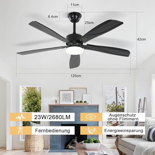 Homefire Ceiling Fan with Silent Lighting – Dimmable LED 23 W Black Ceiling Lamp with Fan and Remote Control 125 cm 6 – Timer for Bedroom Kitchen