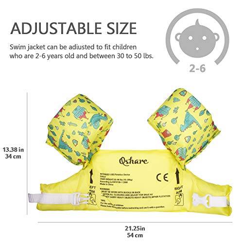 Qshare Kids Life Jacket Vest for Children, Swim Aid Floats for Swimming Pool, Learn to Swim for 25lbs to 55lbs Toddlers (Dinosaur) - Thumbnail 2